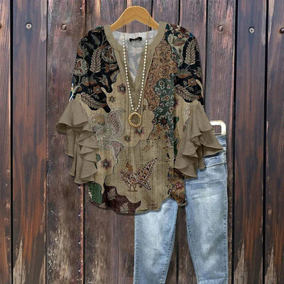 Mandi - Blusa vintage con cuello en V y estampado floral