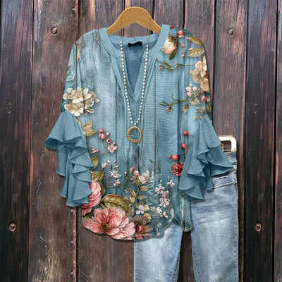 Mandi - Blusa vintage con cuello en V y estampado floral