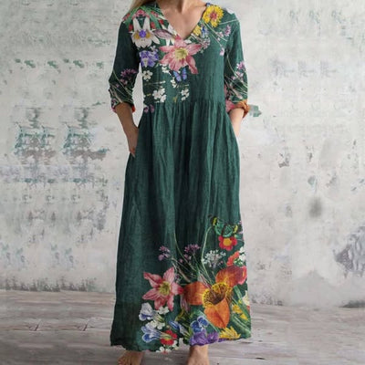 Luiza -Vestido largo con cuello en V y estampado floral