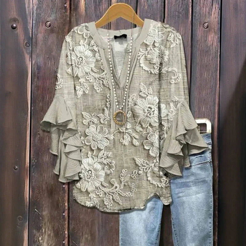 Mandi - Blusa vintage con cuello en V y estampado floral