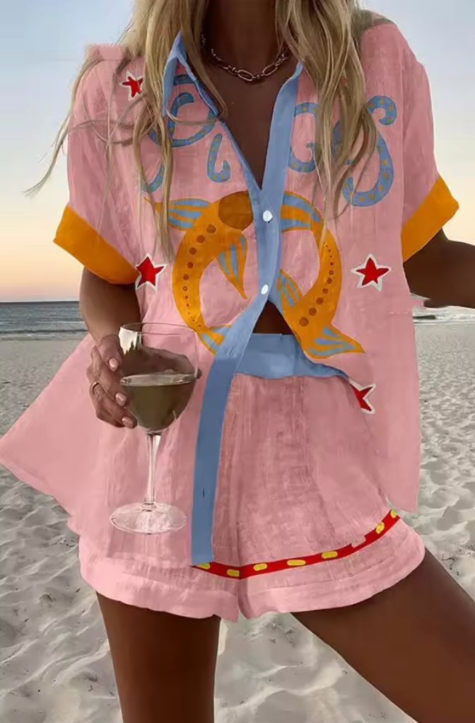 Sara - Conjunto Corto de Lino Estampado Cabra