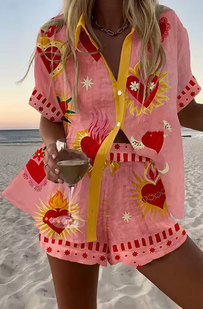 Sara - Conjunto Corto de Lino Estampado Cabra
