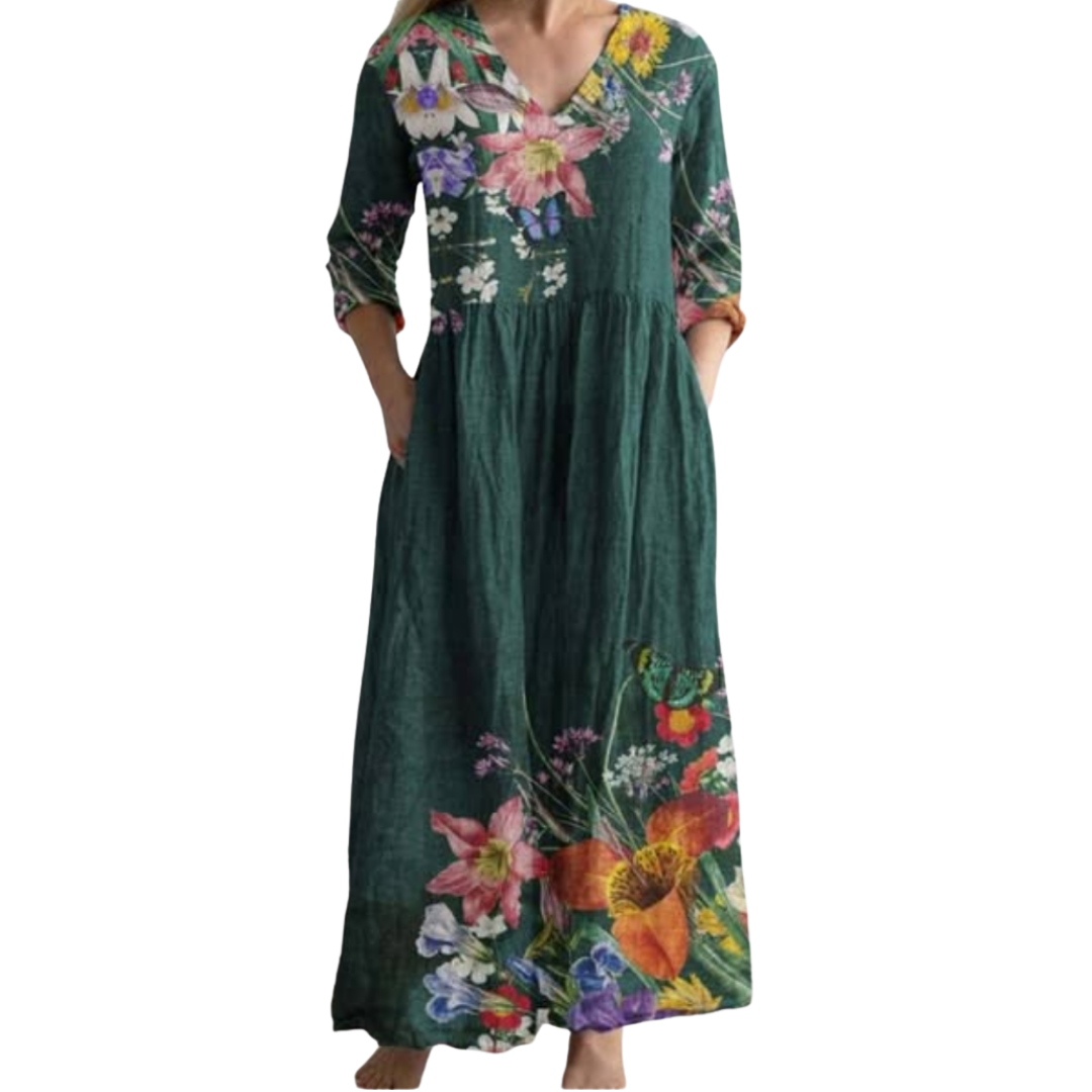 Luiza -Vestido largo con cuello en V y estampado floral