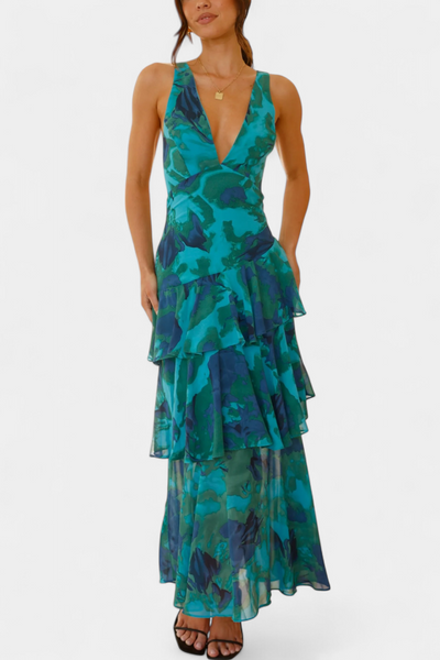 Domenica - Vestido de Gasa con Escote en V y Capas Fluídas