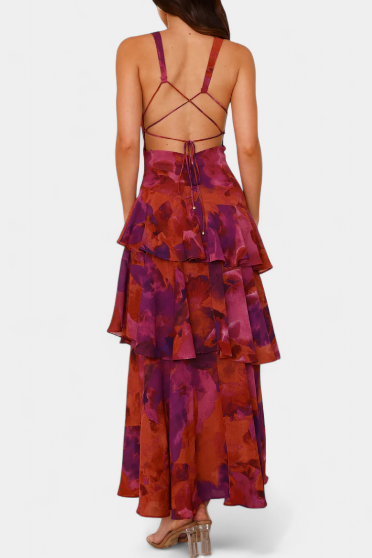 Domenica - Vestido de Gasa con Escote en V y Capas Fluídas
