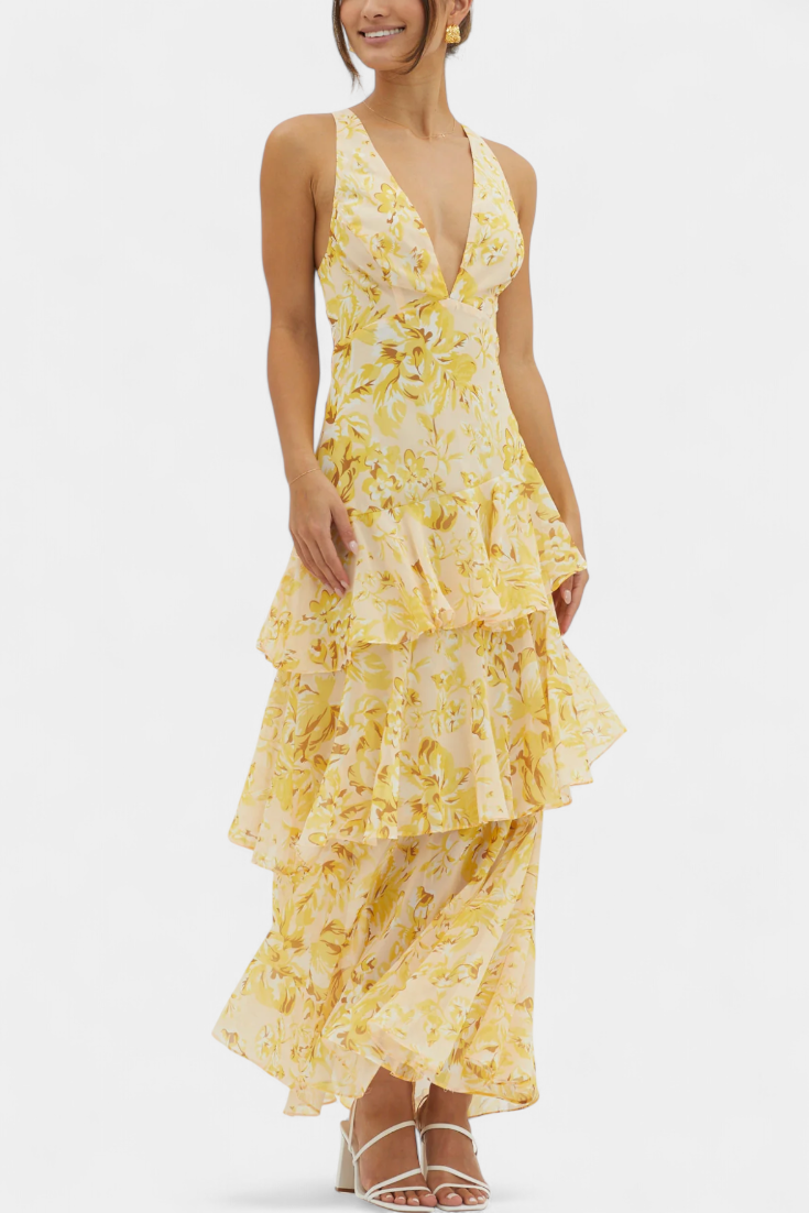 Domenica - Vestido de Gasa con Escote en V y Capas Fluídas