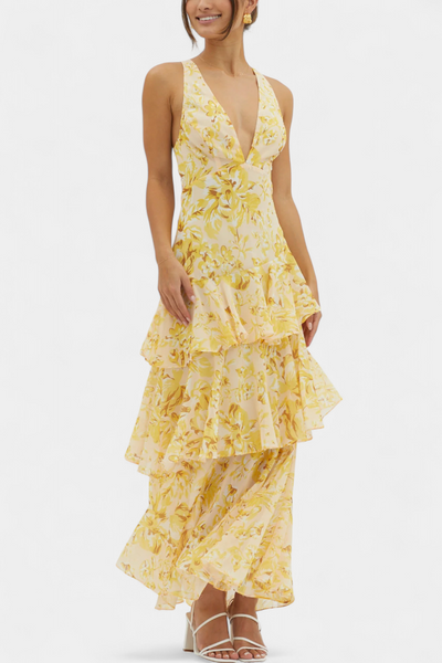 Domenica - Vestido de Gasa con Escote en V y Capas Fluídas