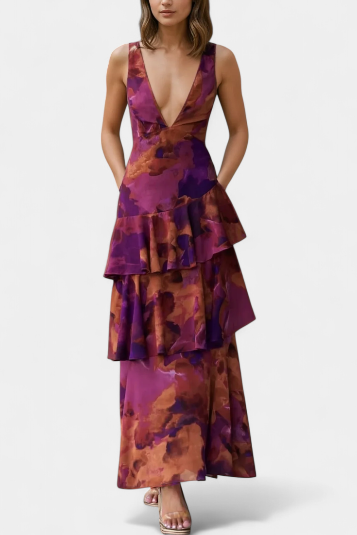 Domenica - Vestido de Gasa con Escote en V y Capas Fluídas