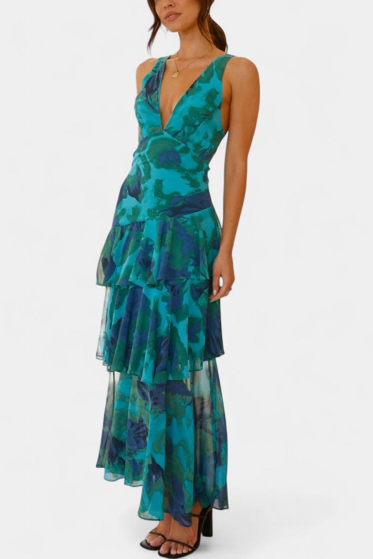 Domenica - Vestido de Gasa con Escote en V y Capas Fluídas