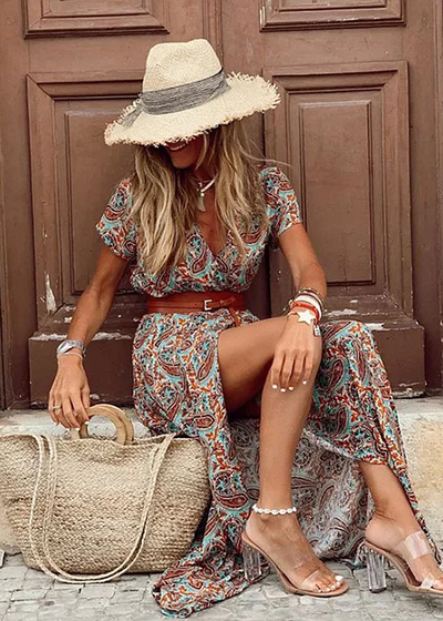 Carla - Vestido largo boho de playa con estampado floral